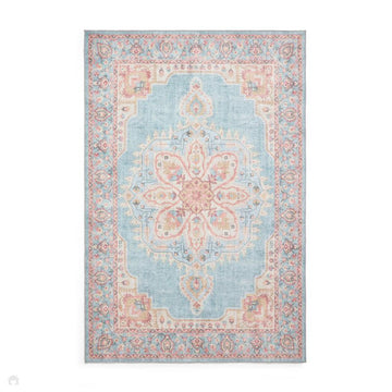Washable Zahra S0063 Traditional Vintage Distressed Medallion Border Soft Textured Digitally Printed Lightweight Textured Polyester Flatweave Soft Sky Blue/Blush Pink/Peach Coral/Ivory/Golden Beige Rug-Think Rugs-Rug Love - The Most Loved Rug Store